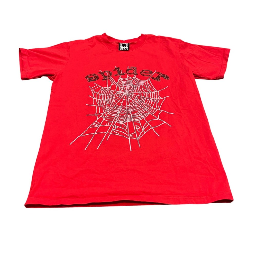 Sp5der T-Shirt Mens L Red Rhinestone Spider Web Graphic Tee Sp5der Worldwide